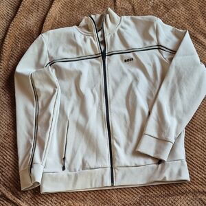 BOSS Men's Cream Sweatshirt Jacket with Black Accents
